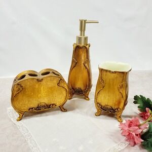 Laura Ashley 3 Piece Bathroom Vanity Set Ginko Leaf Gold Art Deco
